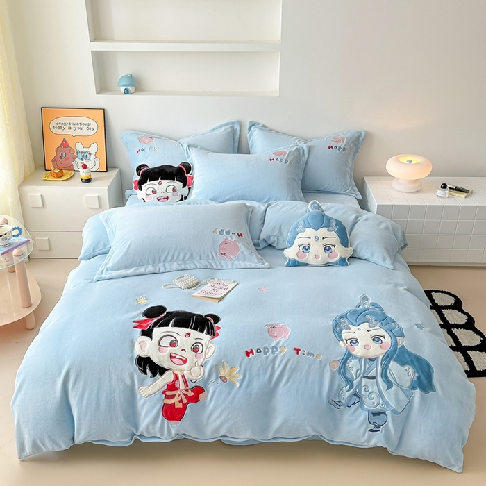 91家纺网 家纺一手货源 找家纺 （总）金绣美居 2025新款加厚婴儿绒韩版床盖绣花保暖四件套-含香