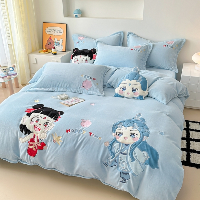 91家纺网 家纺一手货源 找家纺 （总）金绣美居 2025新款卡通贴布绣款牛奶绒四件套-哪吒