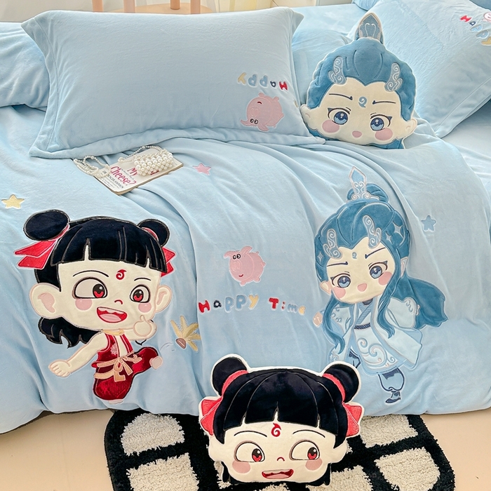 91家纺网 家纺一手货源 找家纺 （总）金绣美居 2025新款卡通贴布绣款牛奶绒四件套-哪吒