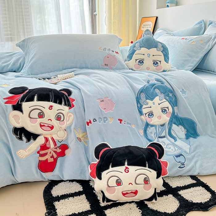 91家纺网 家纺一手货源 找家纺 （总）金绣美居 2025新款卡通贴布绣款牛奶绒四件套-哪吒