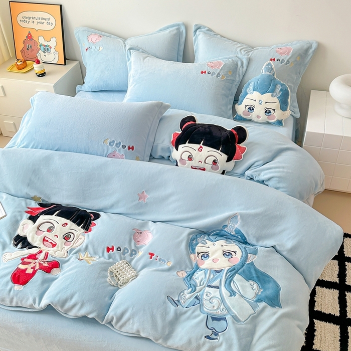91家纺网 家纺一手货源 找家纺 （总）金绣美居 2025新款卡通贴布绣款牛奶绒四件套-哪吒