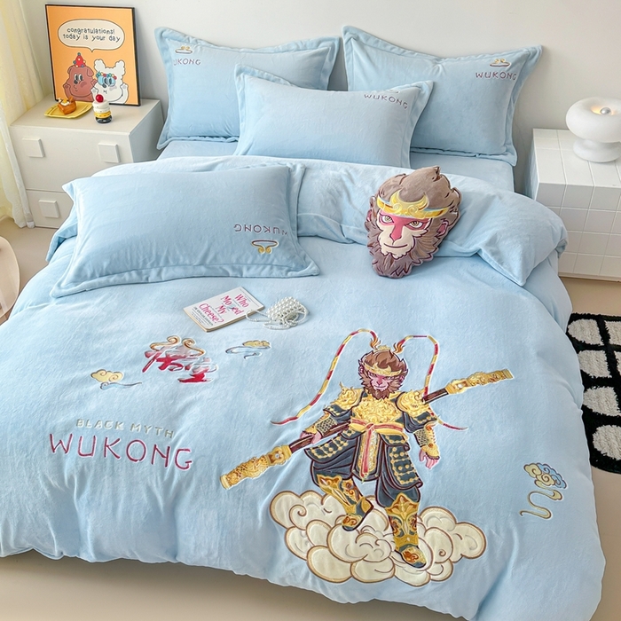 91家纺网 家纺一手货源 找家纺 （总）金绣美居 2025新款卡通贴布绣款牛奶绒四件套-悟空