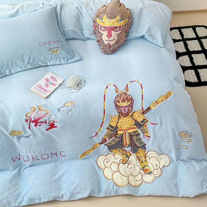 91家纺网 家纺一手货源 找家纺 （总）金绣美居 2025新款卡通贴布绣款牛奶绒四件套-悟空