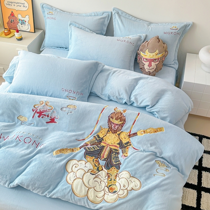 91家纺网 家纺一手货源 找家纺 （总）金绣美居 2025新款卡通贴布绣款牛奶绒四件套-悟空