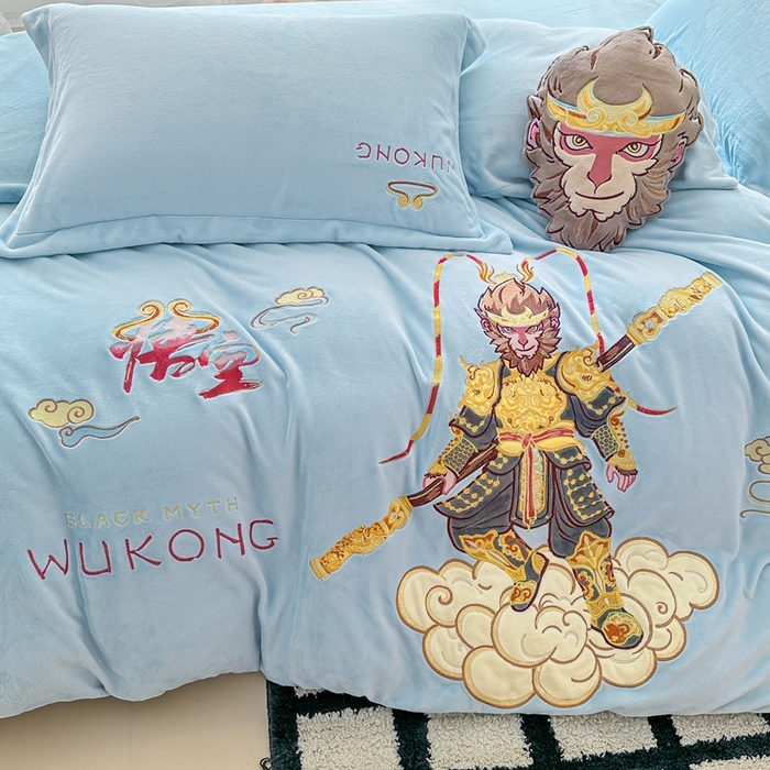 91家纺网 家纺一手货源 找家纺 （总）金绣美居 2025新款卡通贴布绣款牛奶绒四件套-悟空