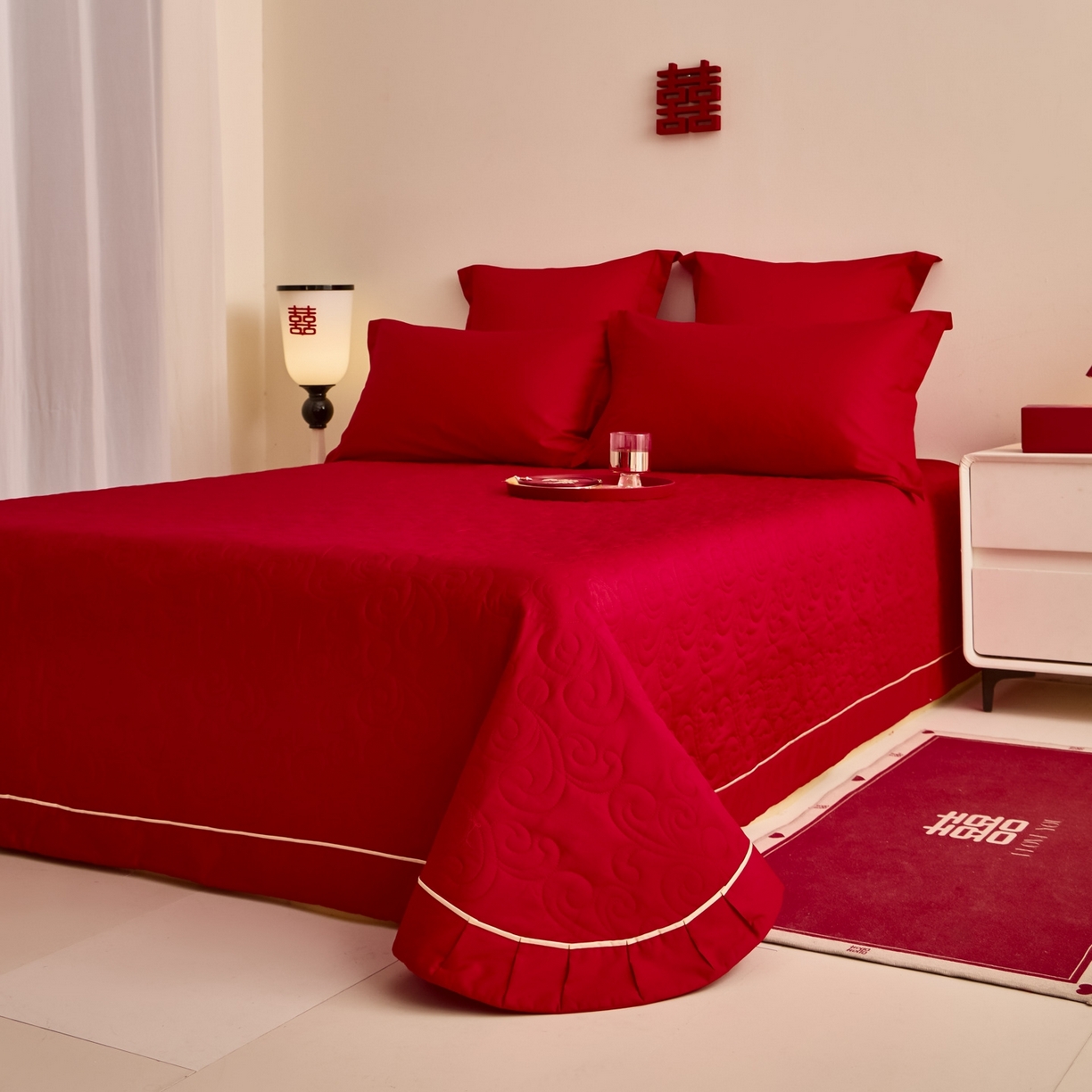 91家纺网 家纺一手货源 找家纺 东方合美（原：皇家传奇） 2025新款婚庆长绒棉纯棉提花配件 婚庆金边床盖