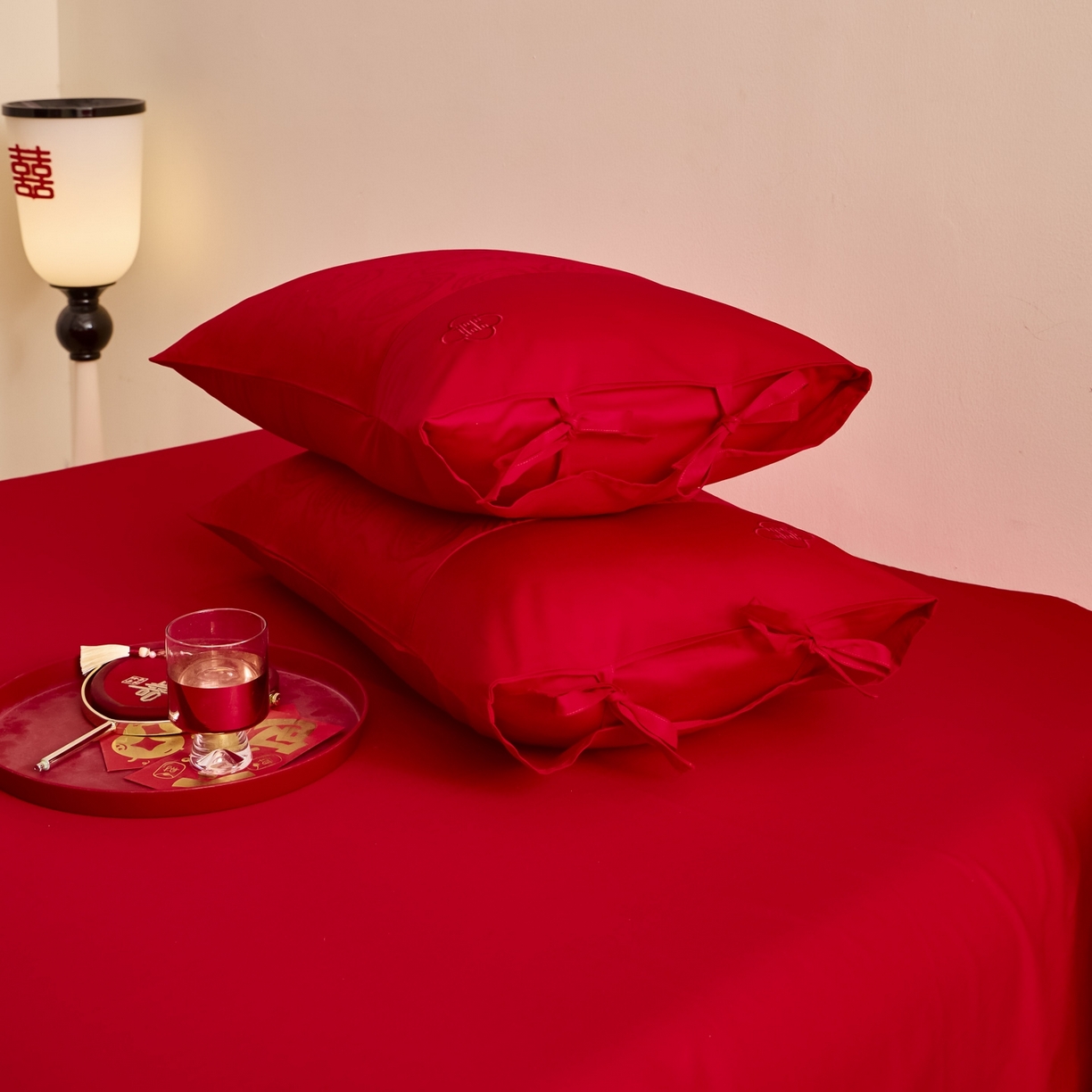 91家纺网 家纺一手货源 找家纺 东方合美（原：皇家传奇） 2025新款婚庆长绒棉纯棉提花配件 红色刺绣单人枕