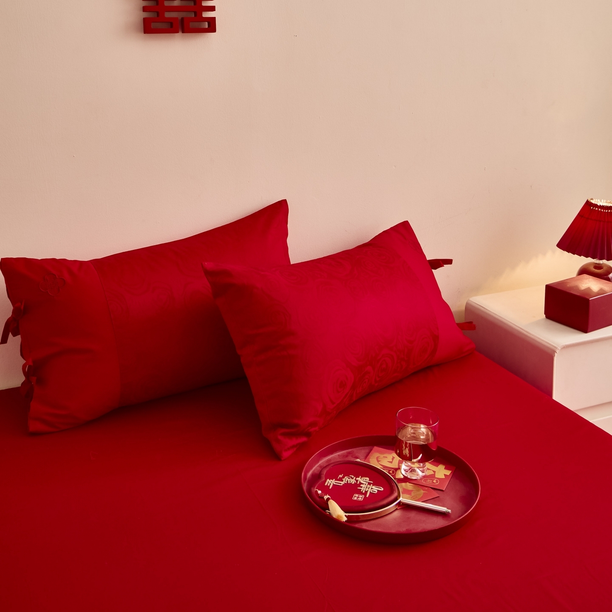 91家纺网 家纺一手货源 找家纺 东方合美（原：皇家传奇） 2025新款婚庆长绒棉纯棉提花配件 红色刺绣单人枕