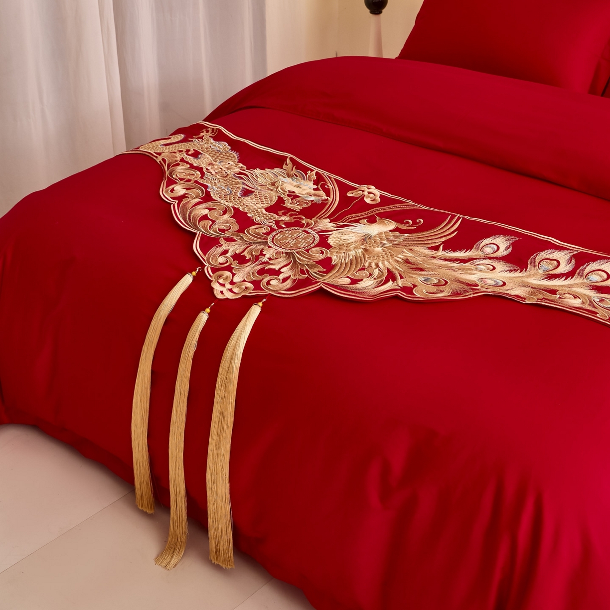 91家纺网 家纺一手货源 找家纺 东方合美（原：皇家传奇） 2025新款婚庆长绒棉纯棉提花配件 龙凤嫁衣床旗