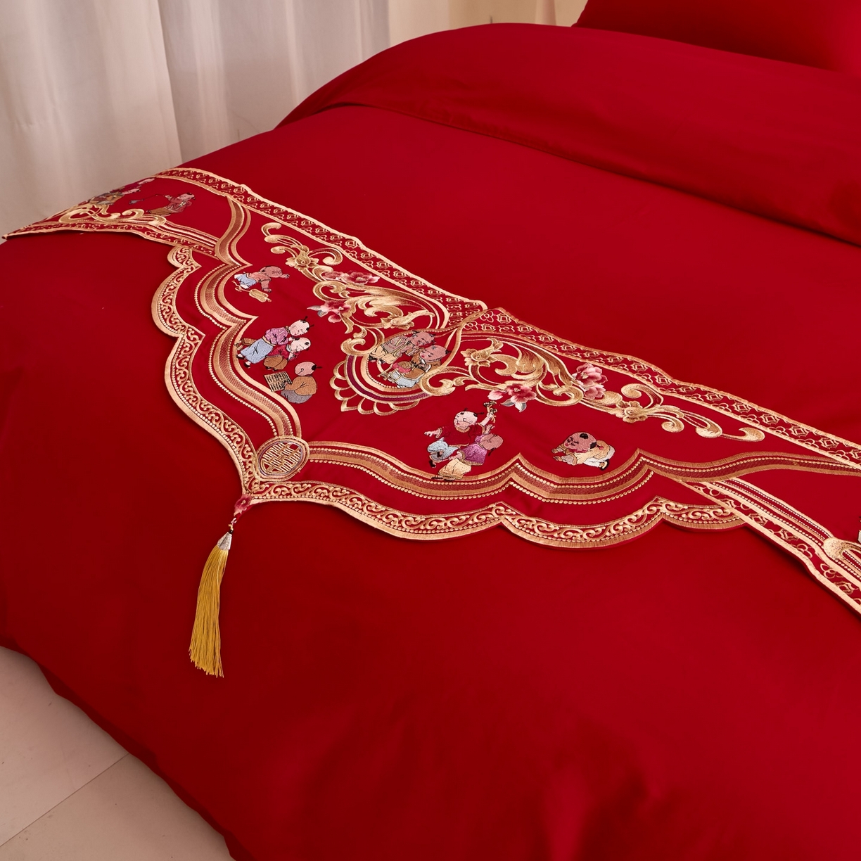 91家纺网 家纺一手货源 找家纺 东方合美（原：皇家传奇） 2025新款婚庆长绒棉纯棉提花配件 百子床旗