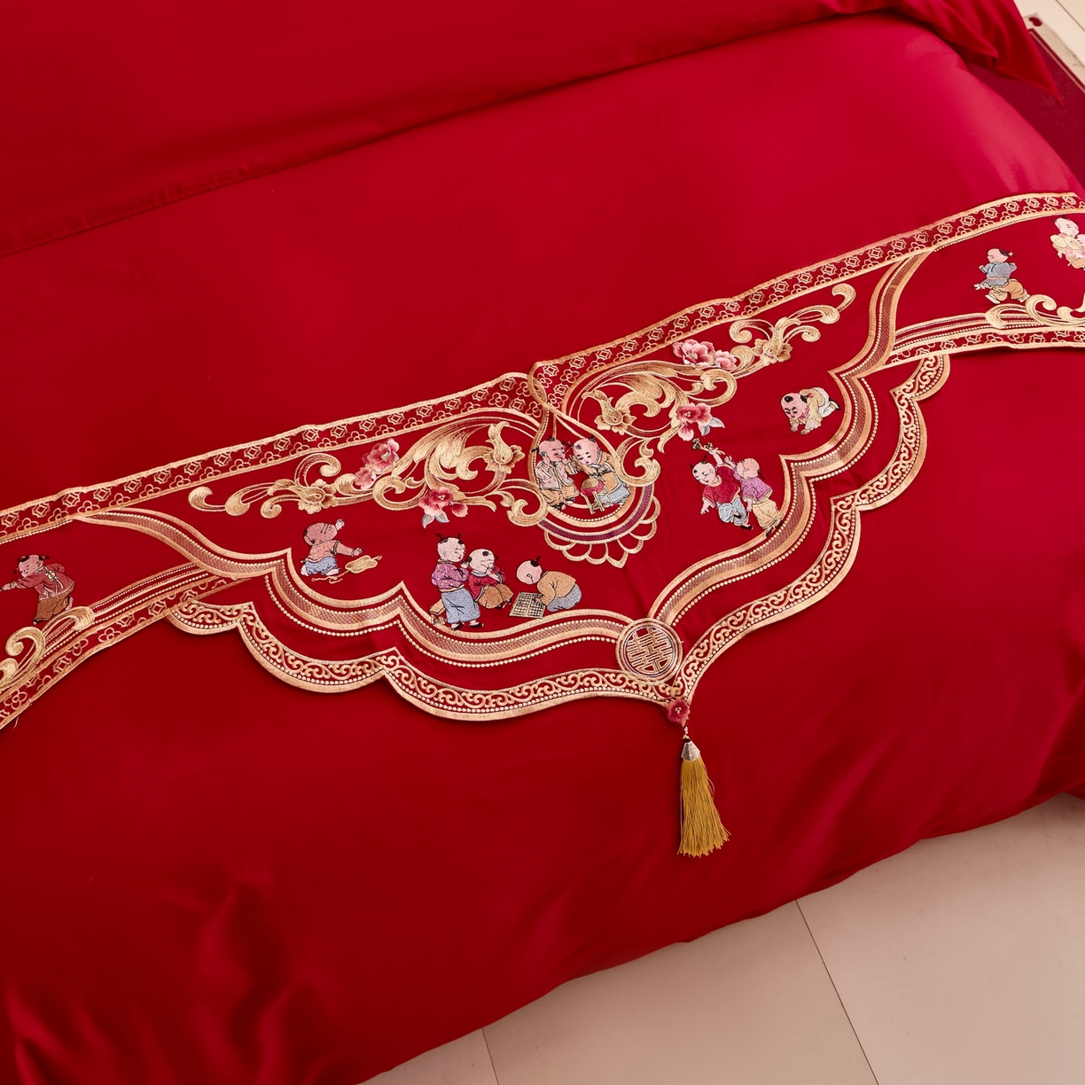 91家纺网 家纺一手货源 找家纺 东方合美（原：皇家传奇） 2025新款婚庆长绒棉纯棉提花配件 百子床旗