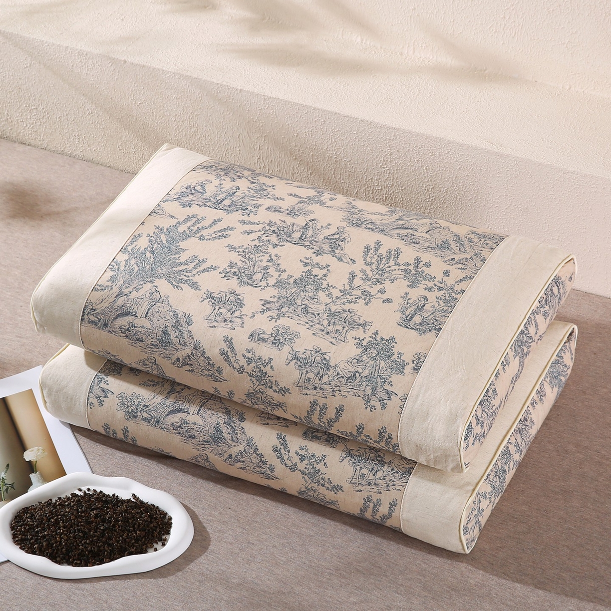 91家纺网 家纺一手货源 找家纺 木子晗 2025新款枕头护颈椎国潮棉麻纯荞麦壳可拆洗可替换内胆助睡眠枕头枕芯 藏青