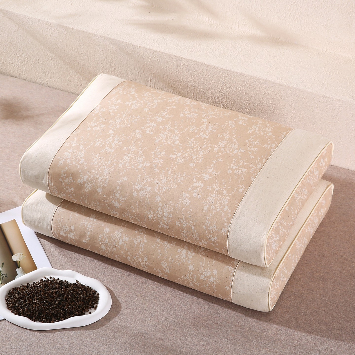 91家纺网 家纺一手货源 找家纺 木子晗 2025新款枕头护颈椎国潮棉麻纯荞麦壳可拆洗可替换内胆助睡眠枕头枕芯 亚麻棕