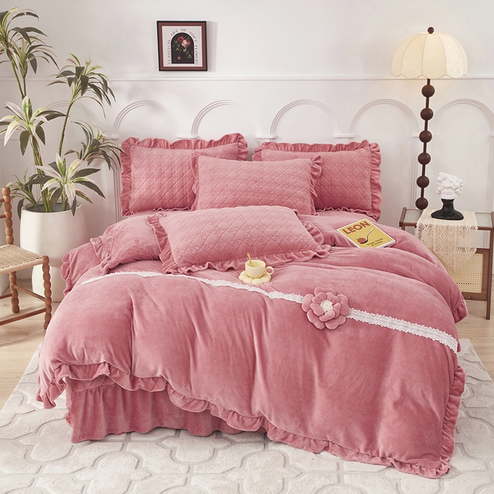 苏木年华 2025新款牛奶绒床盖荷叶边四件套-花颜 花颜-豆沙红