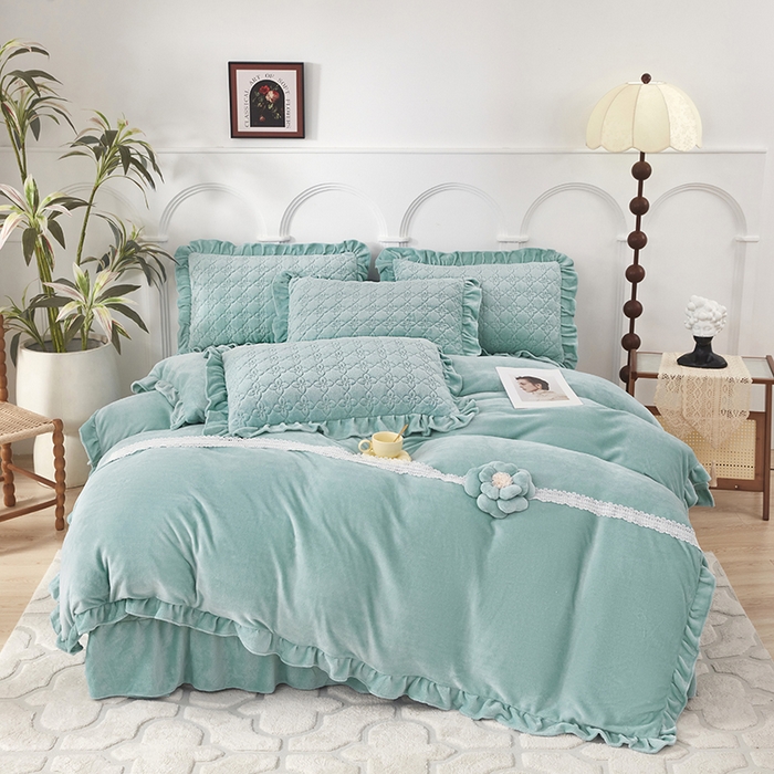苏木年华 2025新款牛奶绒床盖荷叶边四件套-花颜 花颜-春湖绿