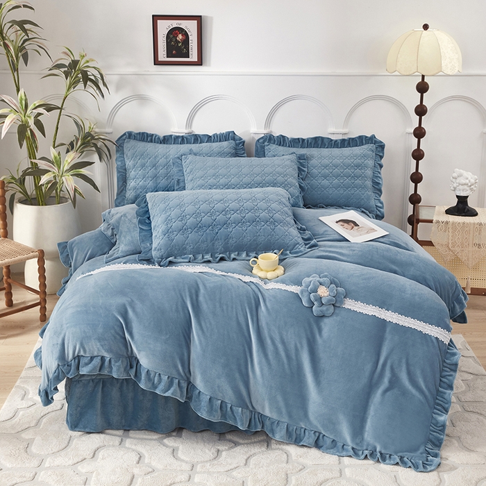 苏木年华 2025新款牛奶绒床盖荷叶边四件套-花颜 花颜-活力蓝