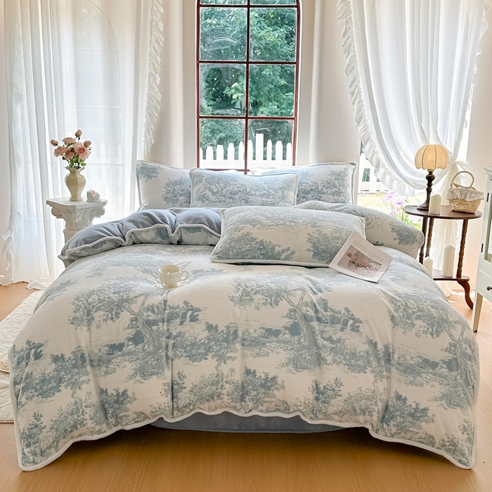 91家纺网 家纺一手货源 找家纺 亿品家纺 2025新款八斤立体雕花牛奶绒四件套 云思梦想【蓝】
