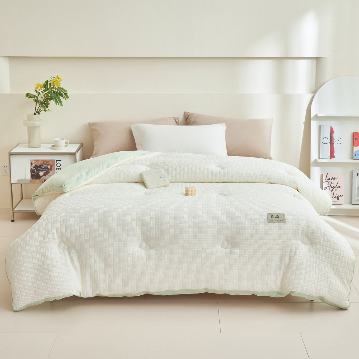 91家纺网 家纺一手货源 找家纺 子由家居 2025新款针织良品格拼色大豆纤维冬被被子被芯 良品格-白+绿