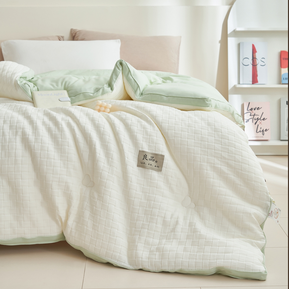 91家纺网 家纺一手货源 找家纺 子由家居 2025新款针织良品格拼色大豆纤维冬被被子被芯 良品格-白+绿