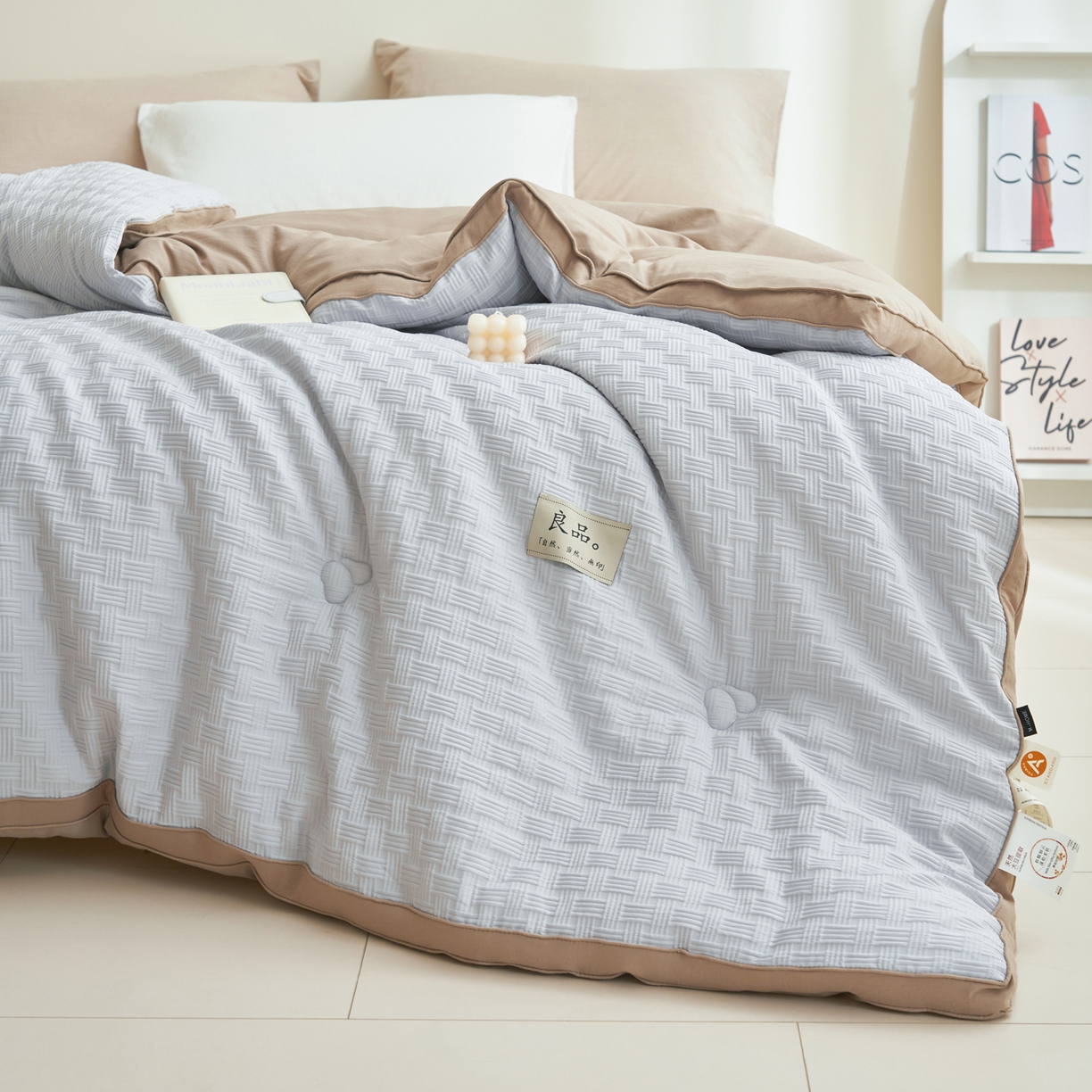 91家纺网 家纺一手货源 找家纺 子由家居 2025新款针织良品格拼色大豆纤维冬被被子被芯 良品格-灰+驼