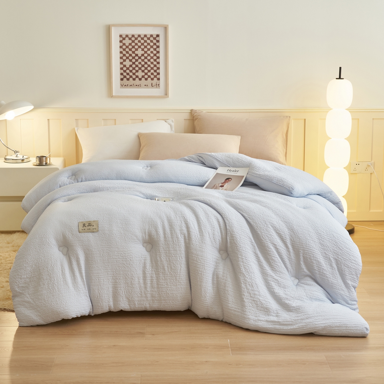 91家纺网 家纺一手货源 找家纺 子由家居 2025新款韩系皱皱格大豆纤维冬被被子被芯 邹邹格-蓝灰