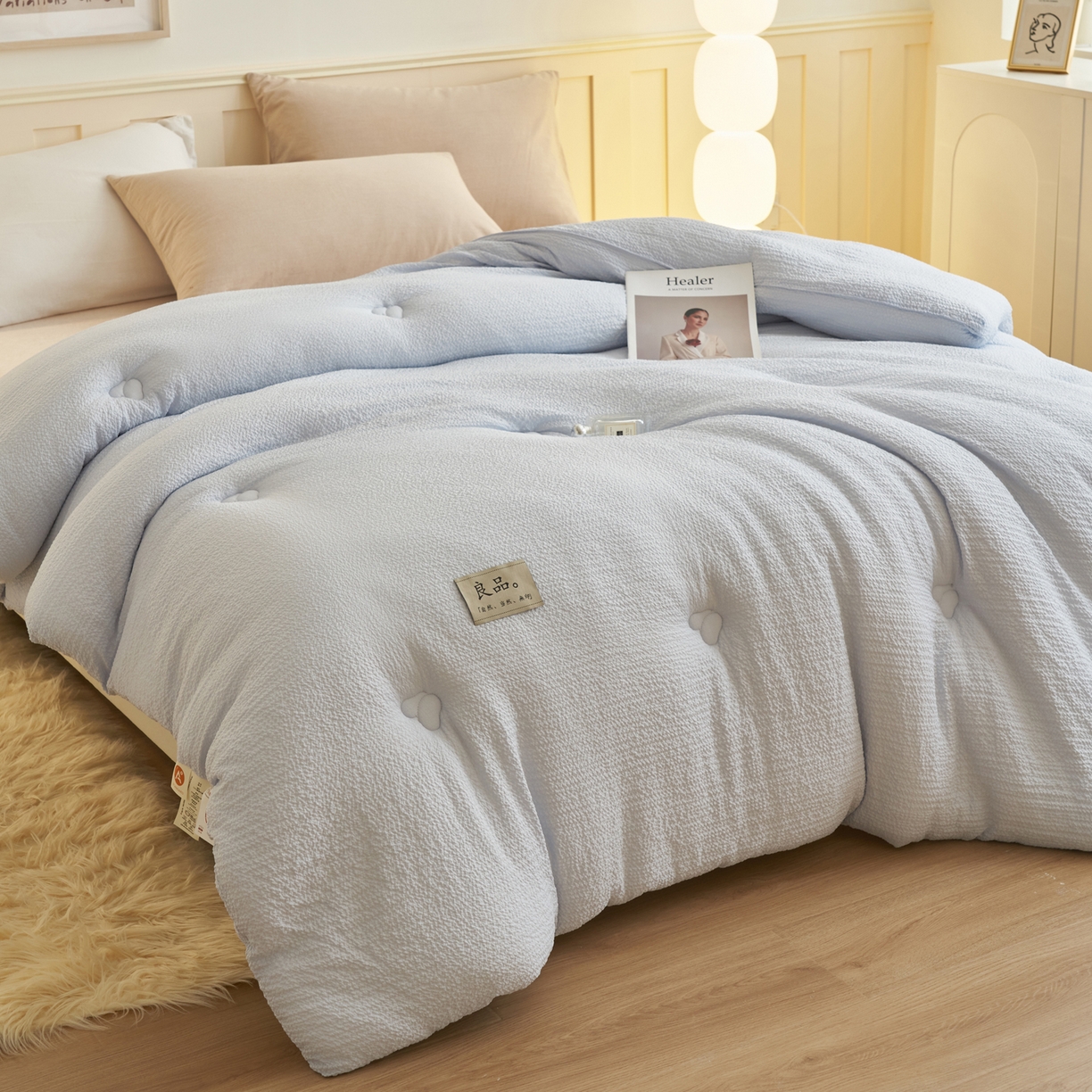91家纺网 家纺一手货源 找家纺 子由家居 2025新款韩系皱皱格大豆纤维冬被被子被芯 邹邹格-蓝灰