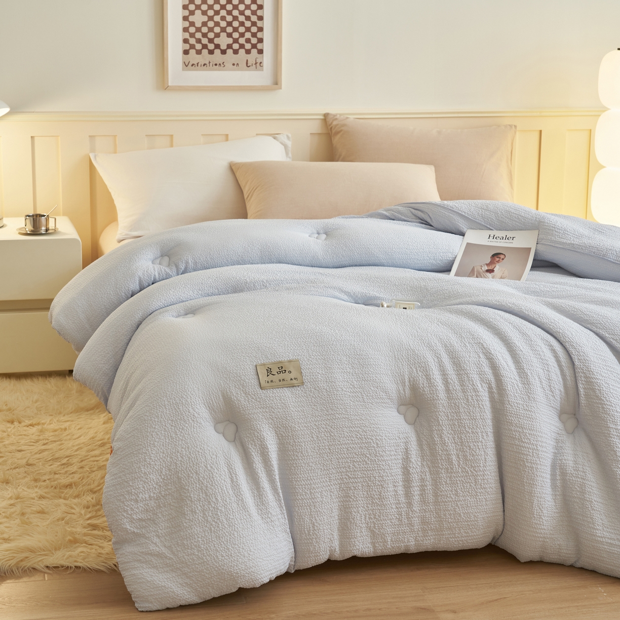 91家纺网 家纺一手货源 找家纺 子由家居 2025新款韩系皱皱格大豆纤维冬被被子被芯 邹邹格-蓝灰