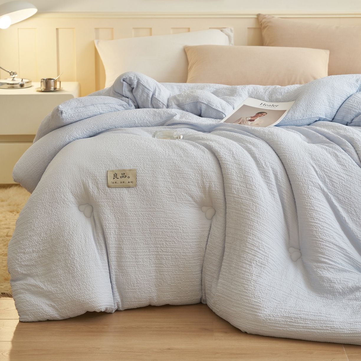 91家纺网 家纺一手货源 找家纺 子由家居 2025新款韩系皱皱格大豆纤维冬被被子被芯 邹邹格-蓝灰