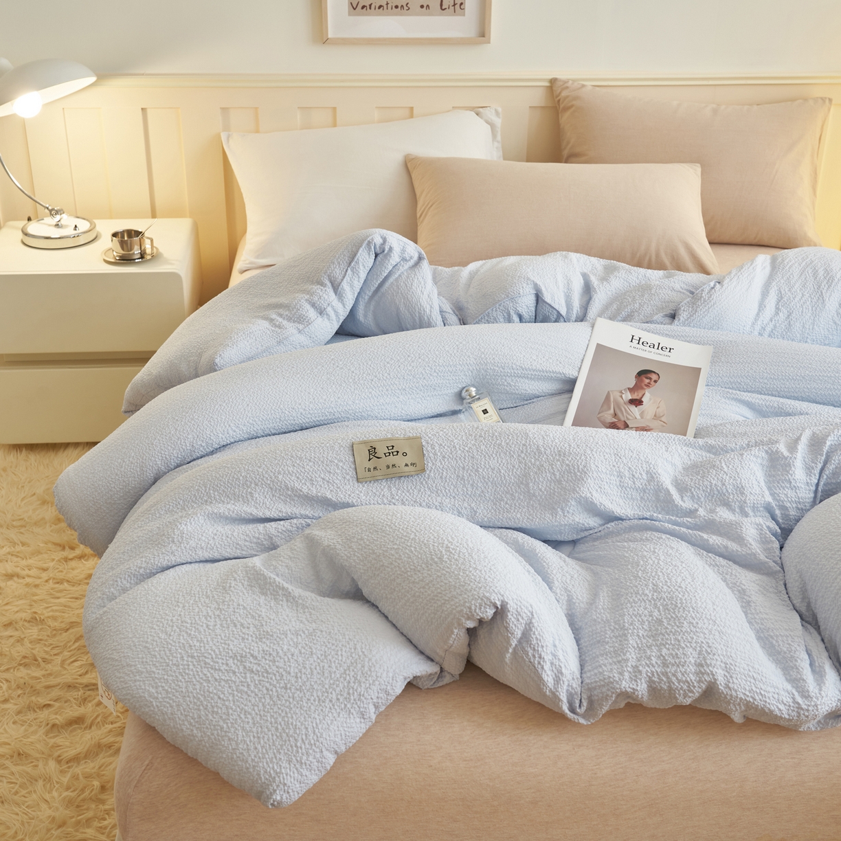 91家纺网 家纺一手货源 找家纺 子由家居 2025新款韩系皱皱格大豆纤维冬被被子被芯 邹邹格-蓝灰