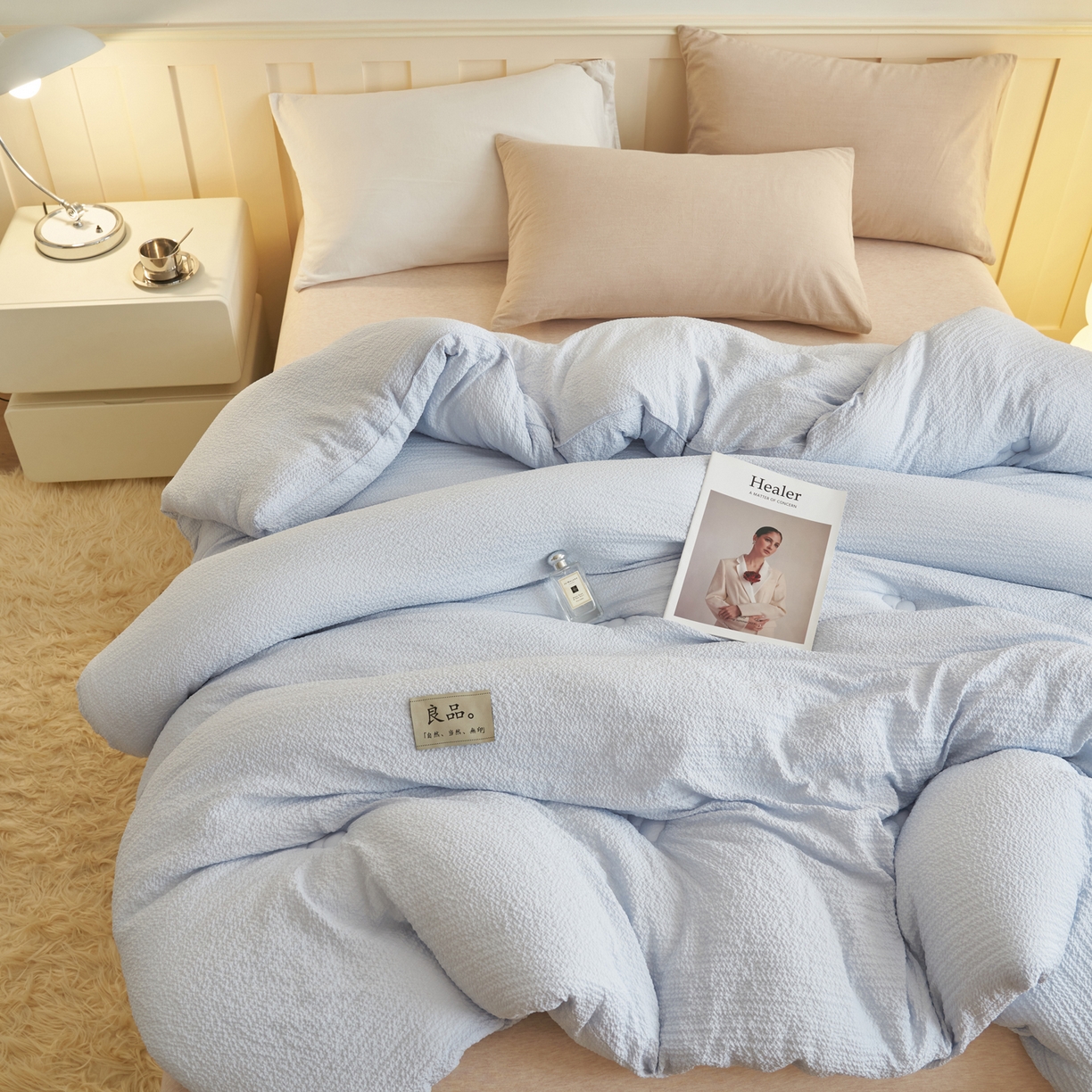 91家纺网 家纺一手货源 找家纺 子由家居 2025新款韩系皱皱格大豆纤维冬被被子被芯 邹邹格-蓝灰