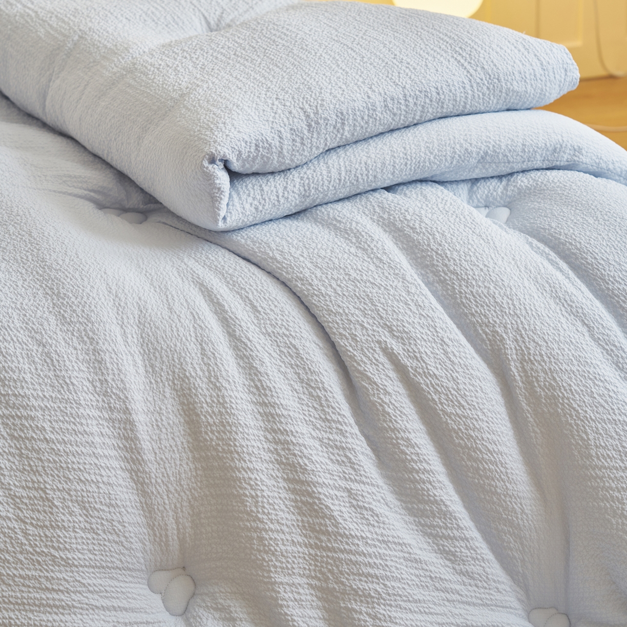 91家纺网 家纺一手货源 找家纺 子由家居 2025新款韩系皱皱格大豆纤维冬被被子被芯 邹邹格-蓝灰