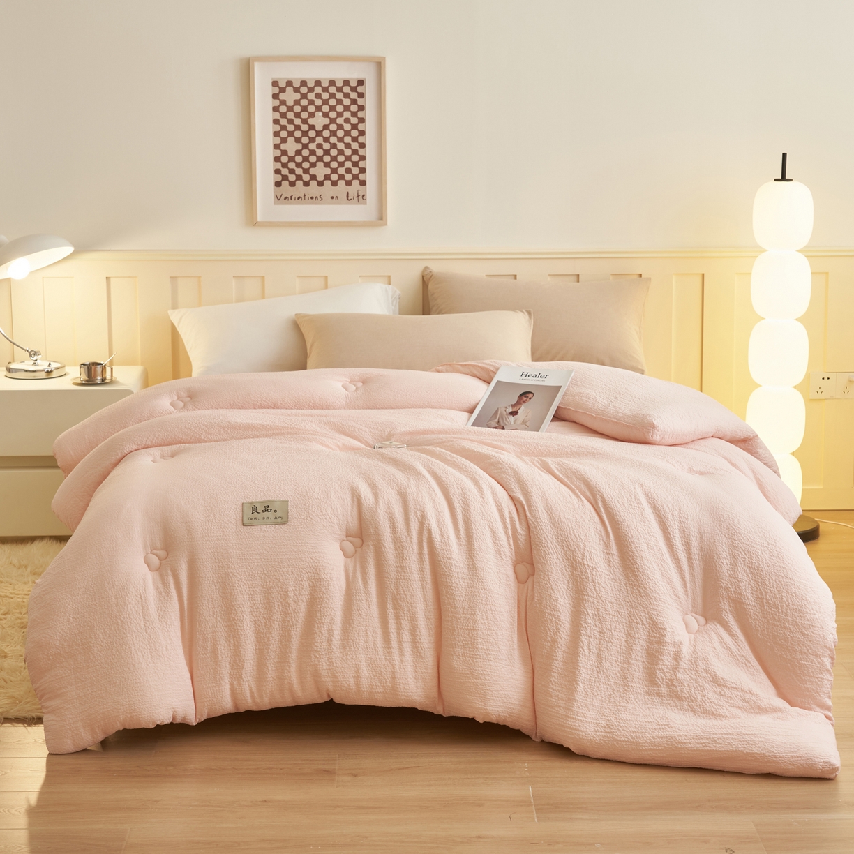 91家纺网 家纺一手货源 找家纺 子由家居 2025新款韩系皱皱格大豆纤维冬被被子被芯 邹邹格-浅粉