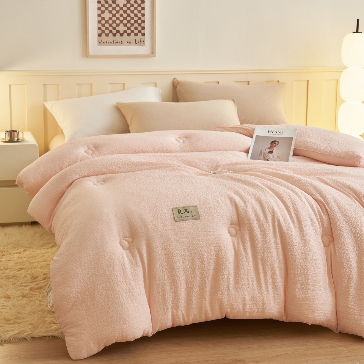 91家纺网 家纺一手货源 找家纺 子由家居 2025新款韩系皱皱格大豆纤维冬被被子被芯 邹邹格-浅粉