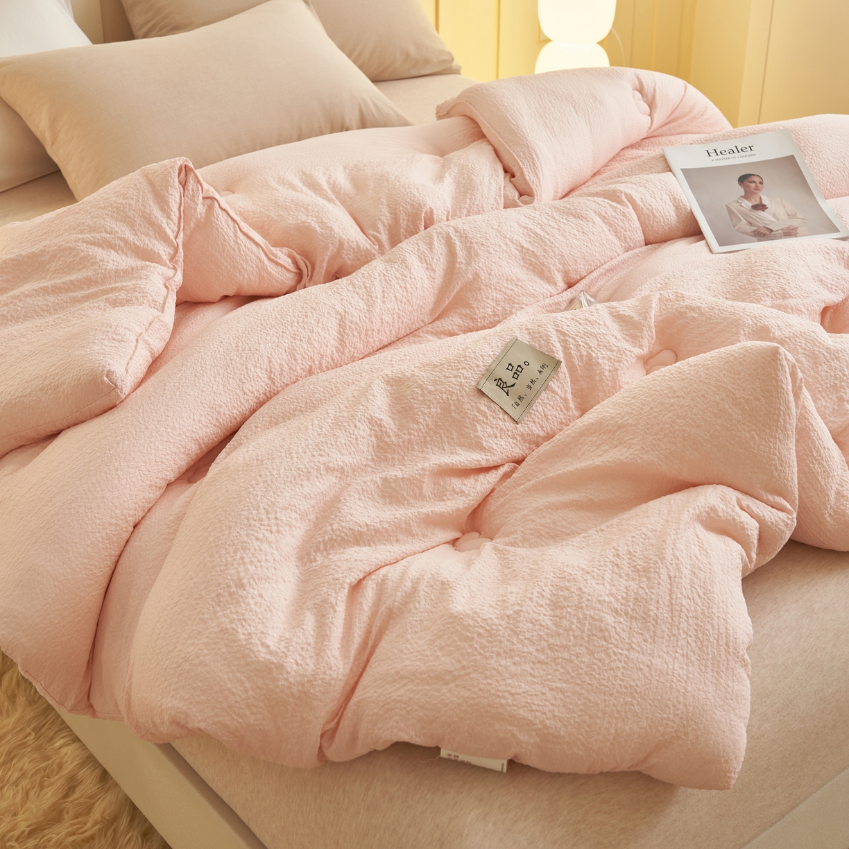 91家纺网 家纺一手货源 找家纺 子由家居 2025新款韩系皱皱格大豆纤维冬被被子被芯 邹邹格-浅粉