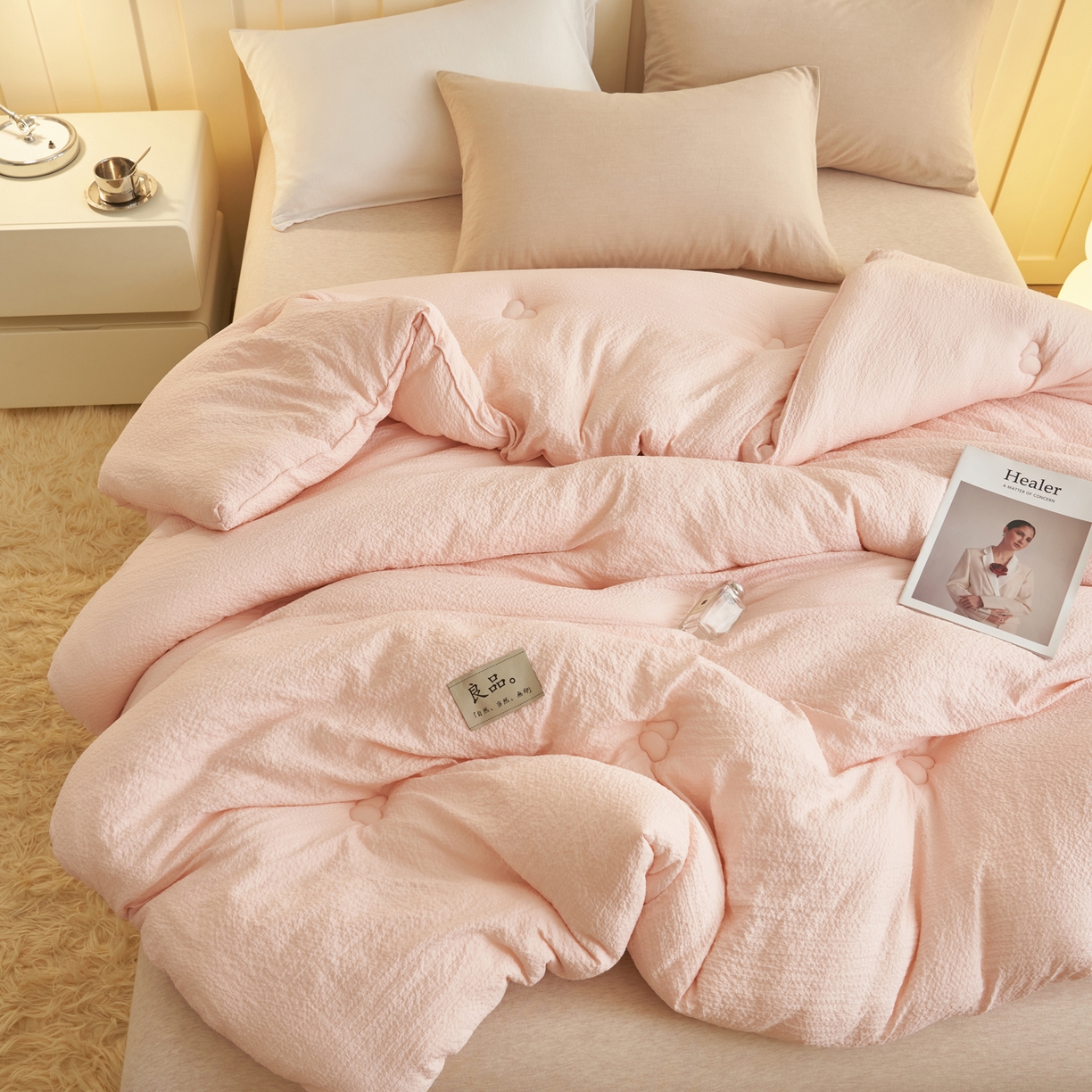 91家纺网 家纺一手货源 找家纺 子由家居 2025新款韩系皱皱格大豆纤维冬被被子被芯 邹邹格-浅粉