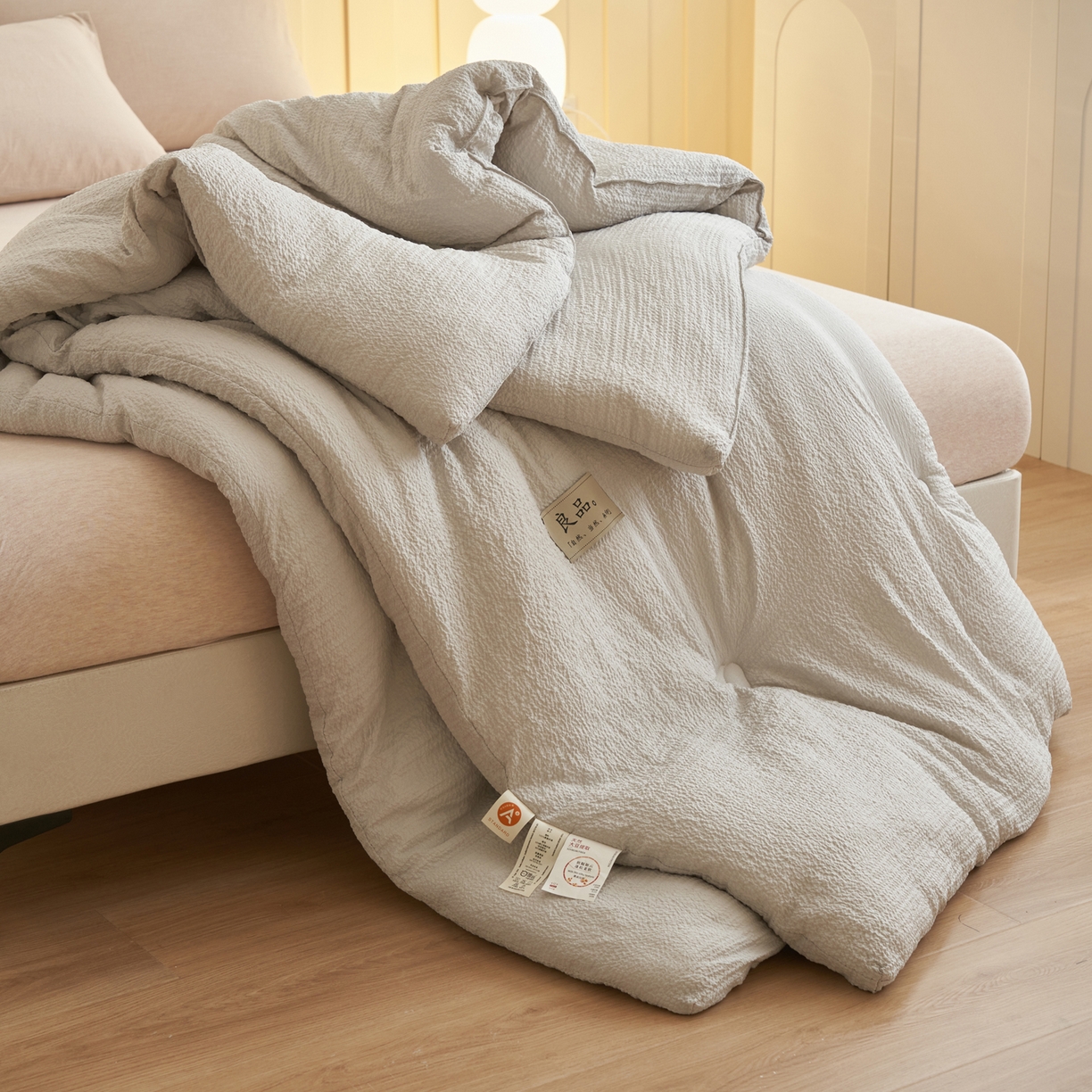 91家纺网 家纺一手货源 找家纺 子由家居 2025新款韩系皱皱格大豆纤维冬被被子被芯 邹邹格-浅灰