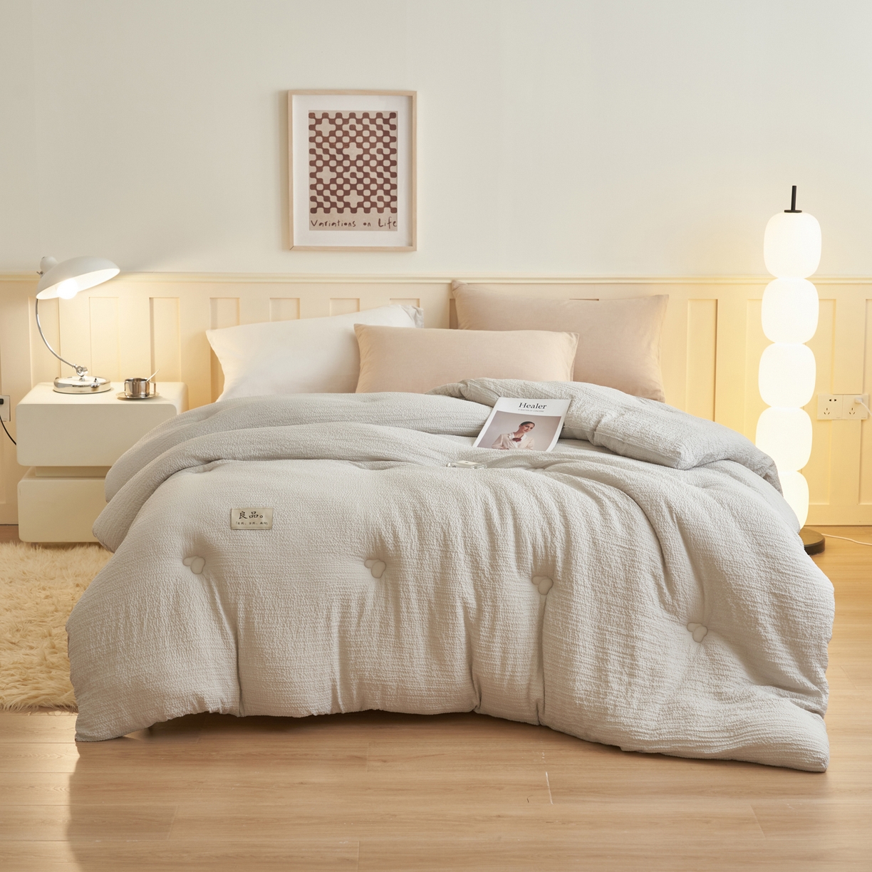 91家纺网 家纺一手货源 找家纺 子由家居 2025新款韩系皱皱格大豆纤维冬被被子被芯 邹邹格-浅灰