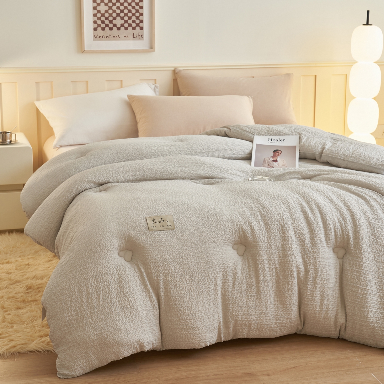 91家纺网 家纺一手货源 找家纺 子由家居 2025新款韩系皱皱格大豆纤维冬被被子被芯 邹邹格-浅灰