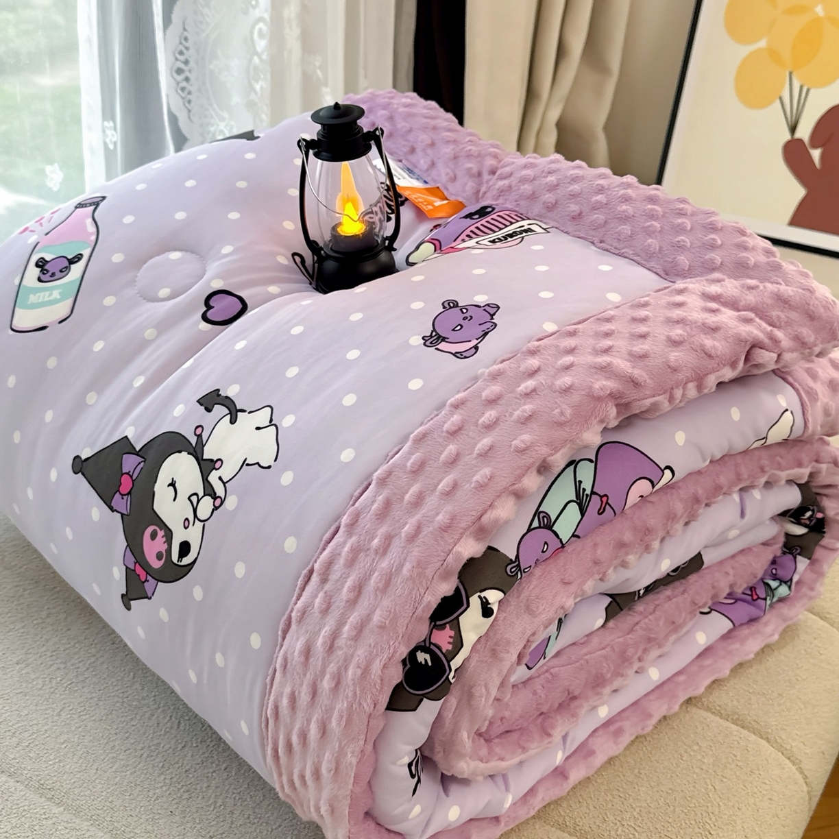 91家纺网 家纺一手货源 找家纺 （总）兜米家居 2025新款三丽鸥针织豆豆绒被纯手工包边卡通立体豆豆绒保暖被子被芯