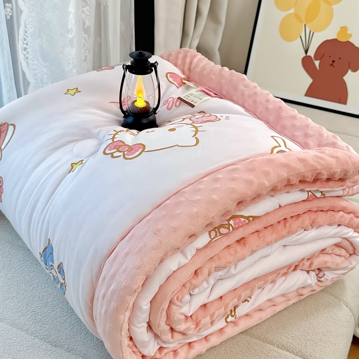 91家纺网 家纺一手货源 找家纺 （总）兜米家居 2025新款三丽鸥针织豆豆绒被纯手工包边卡通立体豆豆绒保暖被子被芯