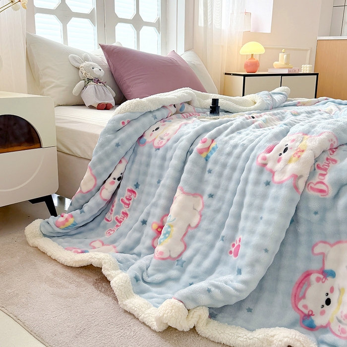 91家纺网 家纺一手货源 找家纺 网客家纺 2025新款高克重印花泡泡绒毛毯毯子 比尔狗