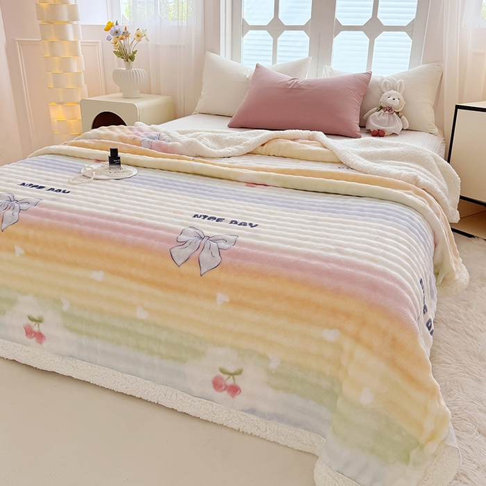 91家纺网 家纺一手货源 找家纺 网客家纺 2025新款高克重印花泡泡绒毛毯毯子 彩虹草莓