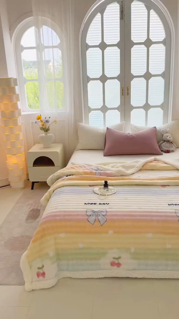 91家纺网 家纺一手货源 找家纺 网客家纺 2025新款高克重印花泡泡绒毛毯毯子 彩虹草莓