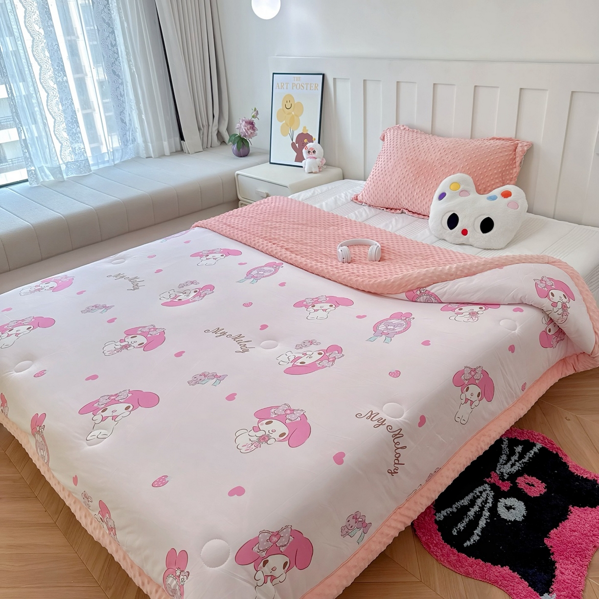 91家纺网 家纺一手货源 找家纺 兜米家居 2025新款三丽鸥针织豆豆绒被纯手工包边卡通立体豆豆绒保暖被子被芯 爱心美乐蒂