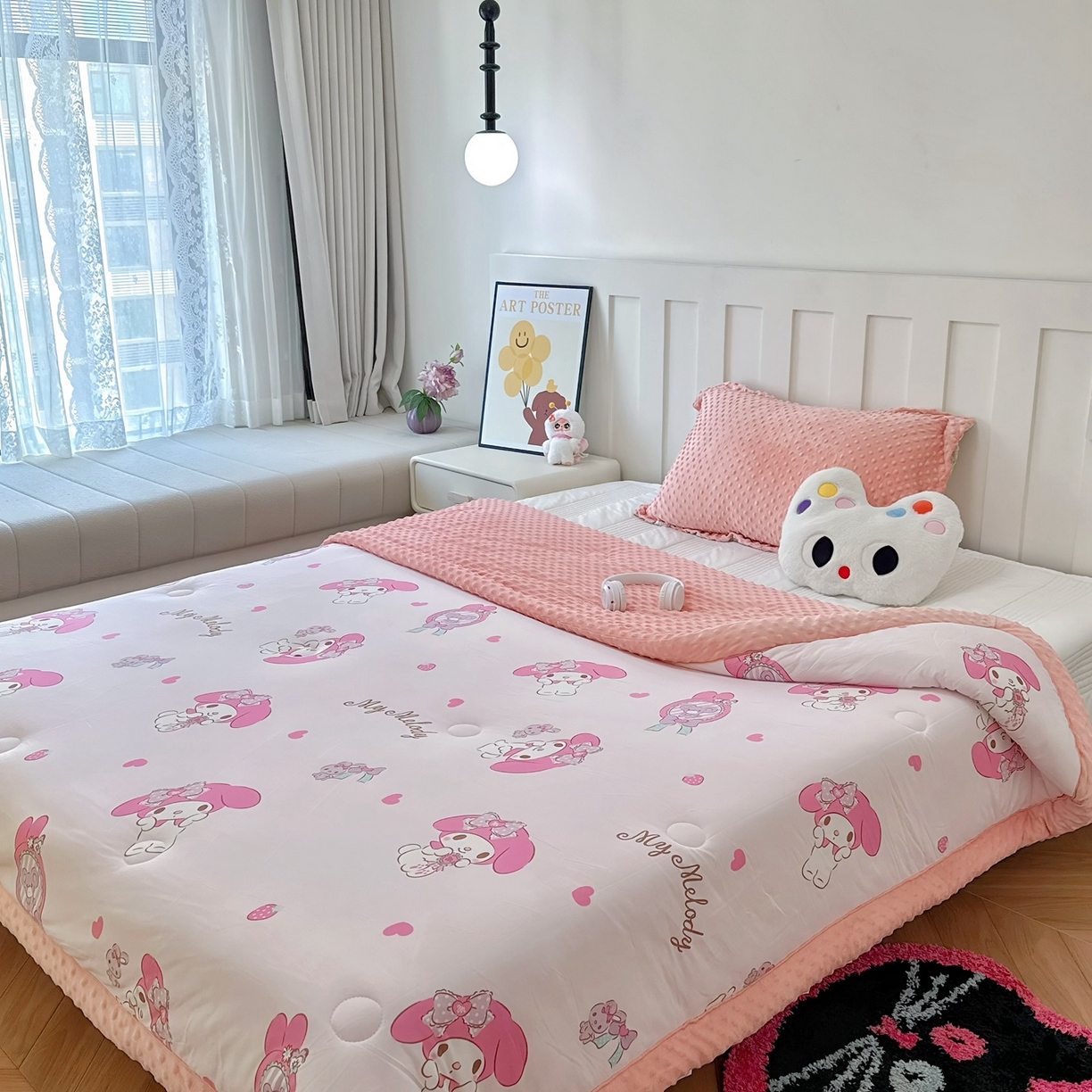 91家纺网 家纺一手货源 找家纺 兜米家居 2025新款三丽鸥针织豆豆绒被纯手工包边卡通立体豆豆绒保暖被子被芯 爱心美乐蒂