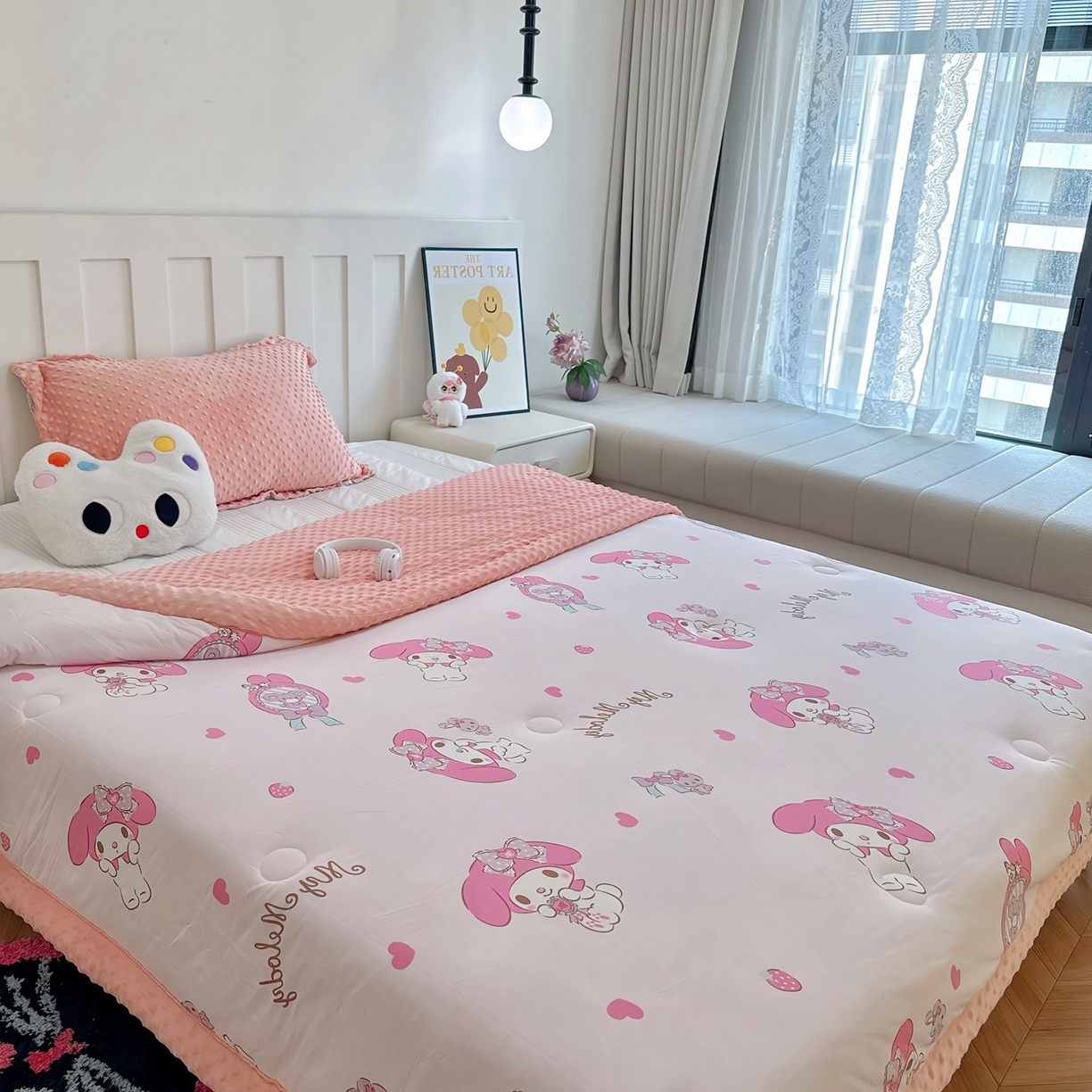 91家纺网 家纺一手货源 找家纺 兜米家居 2025新款三丽鸥针织豆豆绒被纯手工包边卡通立体豆豆绒保暖被子被芯 爱心美乐蒂