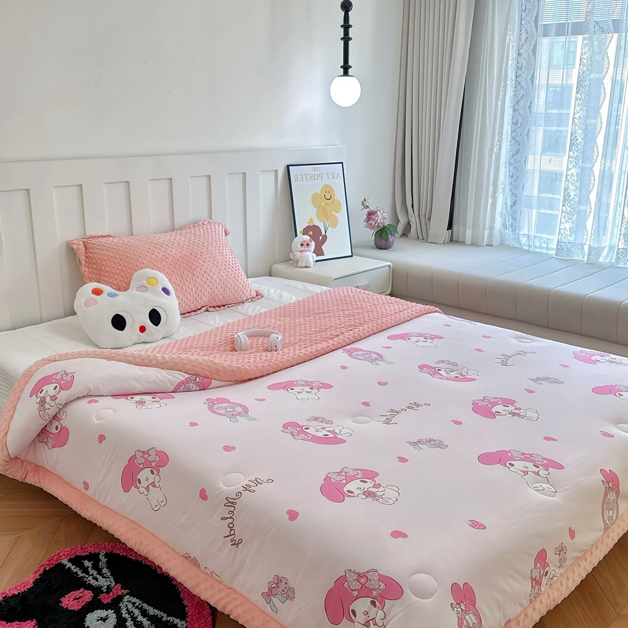 91家纺网 家纺一手货源 找家纺 兜米家居 2025新款三丽鸥针织豆豆绒被纯手工包边卡通立体豆豆绒保暖被子被芯 爱心美乐蒂