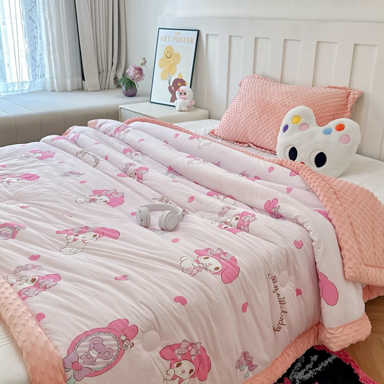 91家纺网 家纺一手货源 找家纺 兜米家居 2025新款三丽鸥针织豆豆绒被纯手工包边卡通立体豆豆绒保暖被子被芯 爱心美乐蒂