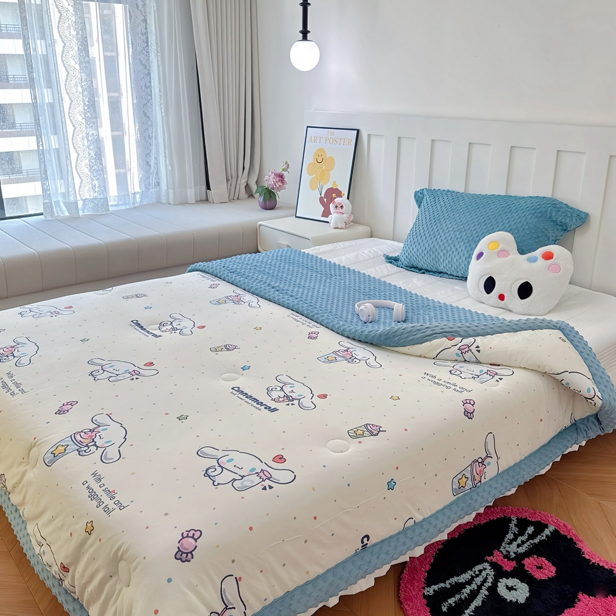 91家纺网 家纺一手货源 找家纺 兜米家居 2025新款三丽鸥针织豆豆绒被纯手工包边卡通立体豆豆绒保暖被子被芯 冰淇淋玉桂狗