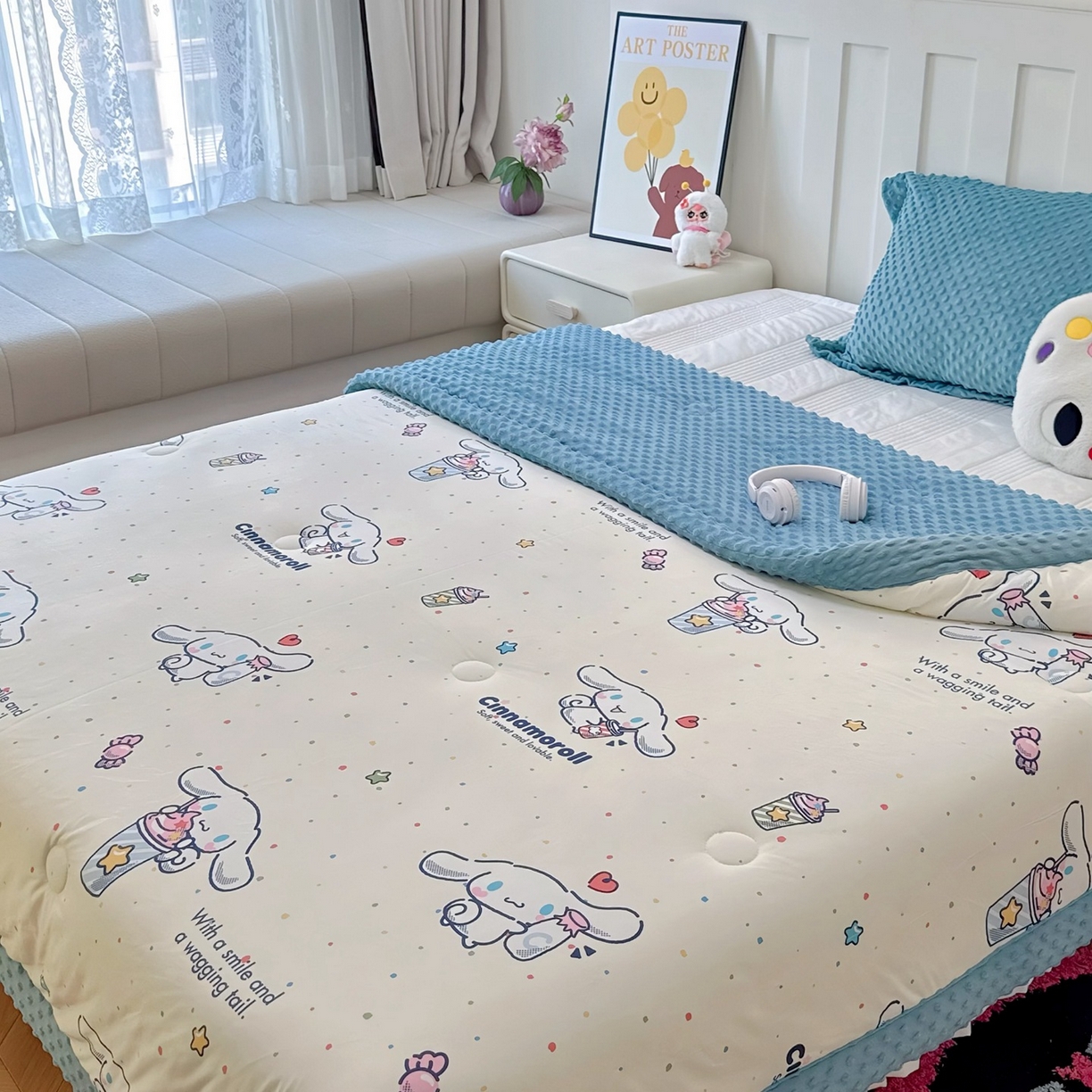 91家纺网 家纺一手货源 找家纺 兜米家居 2025新款三丽鸥针织豆豆绒被纯手工包边卡通立体豆豆绒保暖被子被芯 冰淇淋玉桂狗